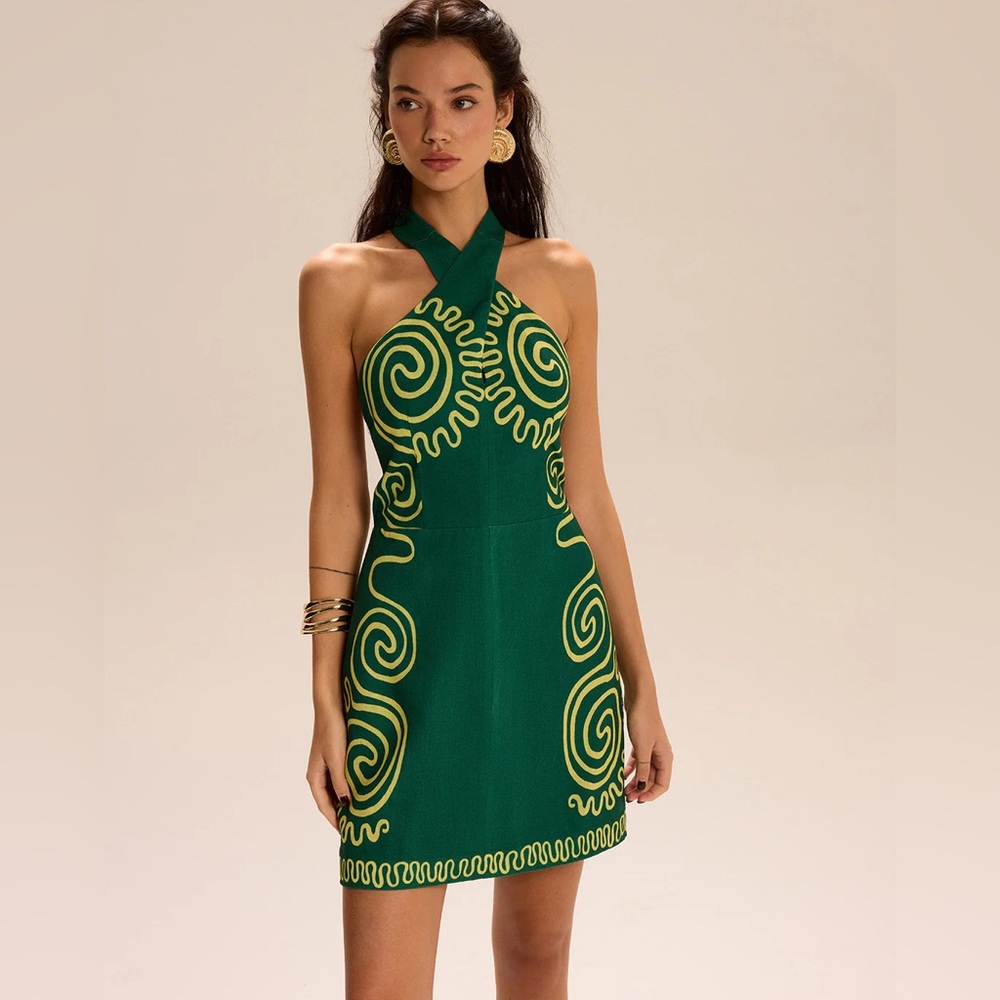 Commense Green Halter Mini Dress with Yellow Swirl Embroidery - Picture 3 of 6